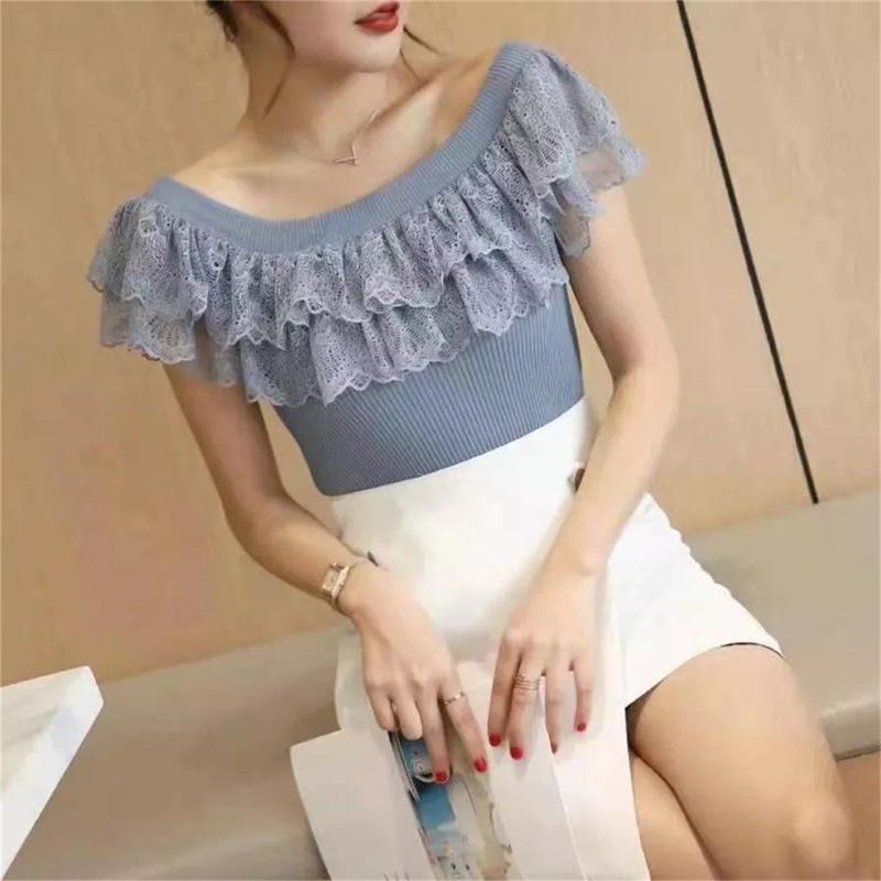 Áo Thun Thường Ngày Gợi Cảm, Chất Liệu Gạc Chắp Vá, ngắn Tay, Thiết Kế Trễ Vai Và Xẻ Tà, Dáng Ôm, Thích Hợp Cho Mùa Hè 5