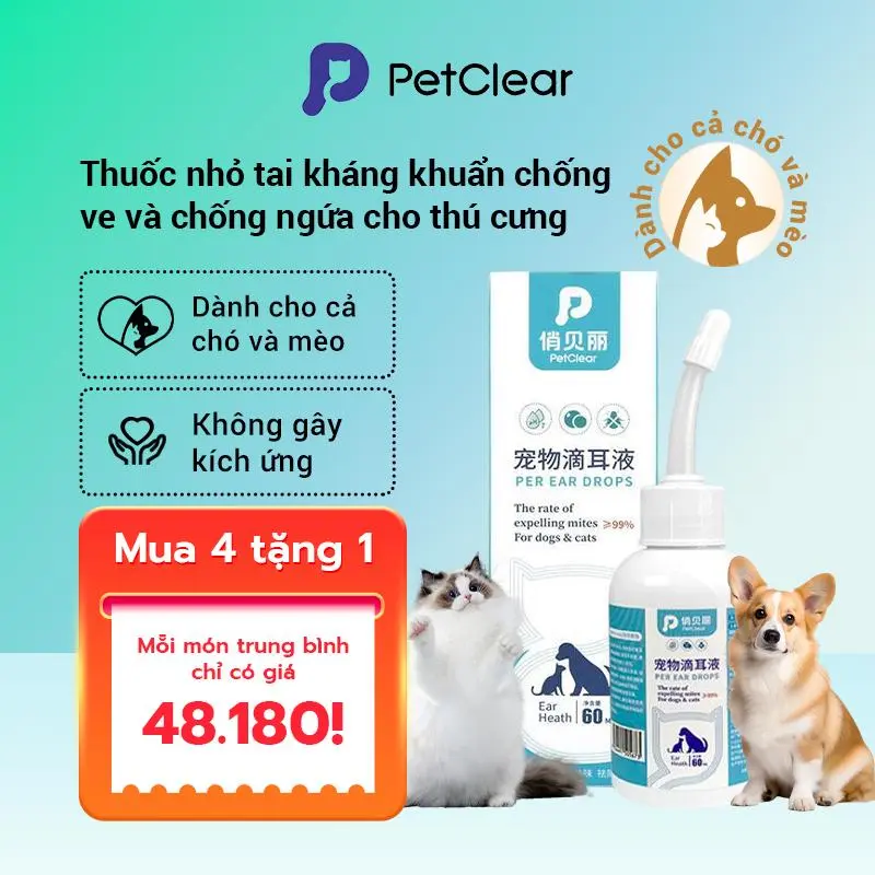 Nhỏ Tai cho thú cưng, Kháng khuẩn, Chống vết cắn, Chuyên dụng cho chó và mèo, Loại bỏ sáp ngứa và mùi, 60ml, Làm sạch tai cho thú cưng, Petclear