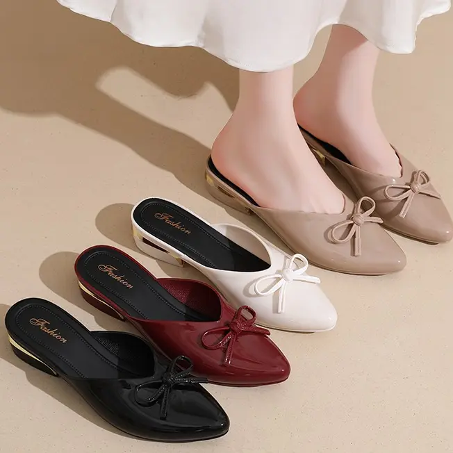 Dép sục nữ mũi nhọn gắn nơ sang chảnh, dép nữ thời trang công sở, chất PU mềm, không thấm nước, BTdep