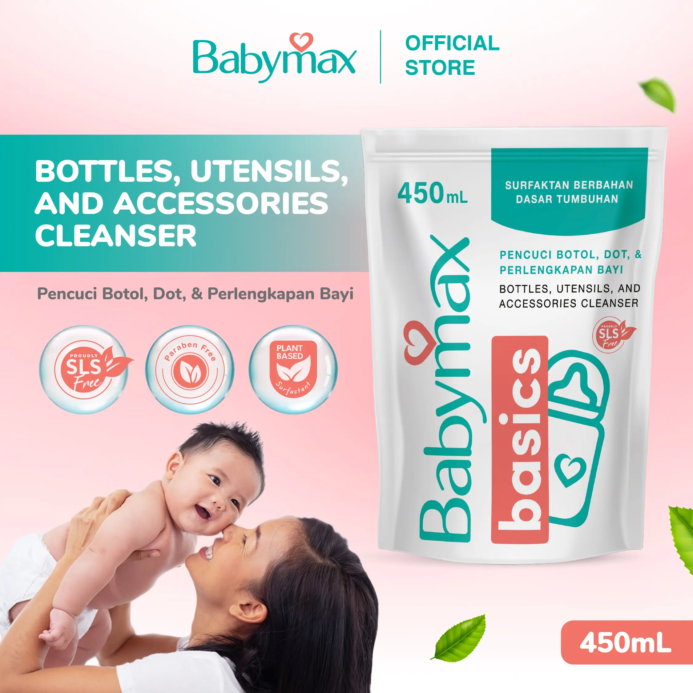 Babymax Basics Bottle, & Utensils, Cleansers 450 mL - Sabun Cuci Botol Bayi - SLS Free - Natural