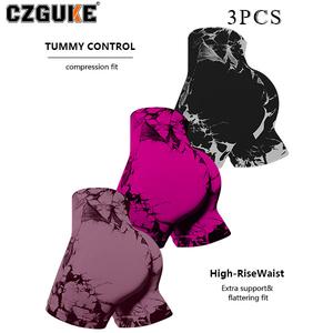CZGUKE conjunto deportivo de 3 pzas para mujer con estampado tie-dye y plisado, cintura alta, cómodo, transpirable y sin costuras; shorts ajustados adecuados para yoga, gimnasio y ejercicio