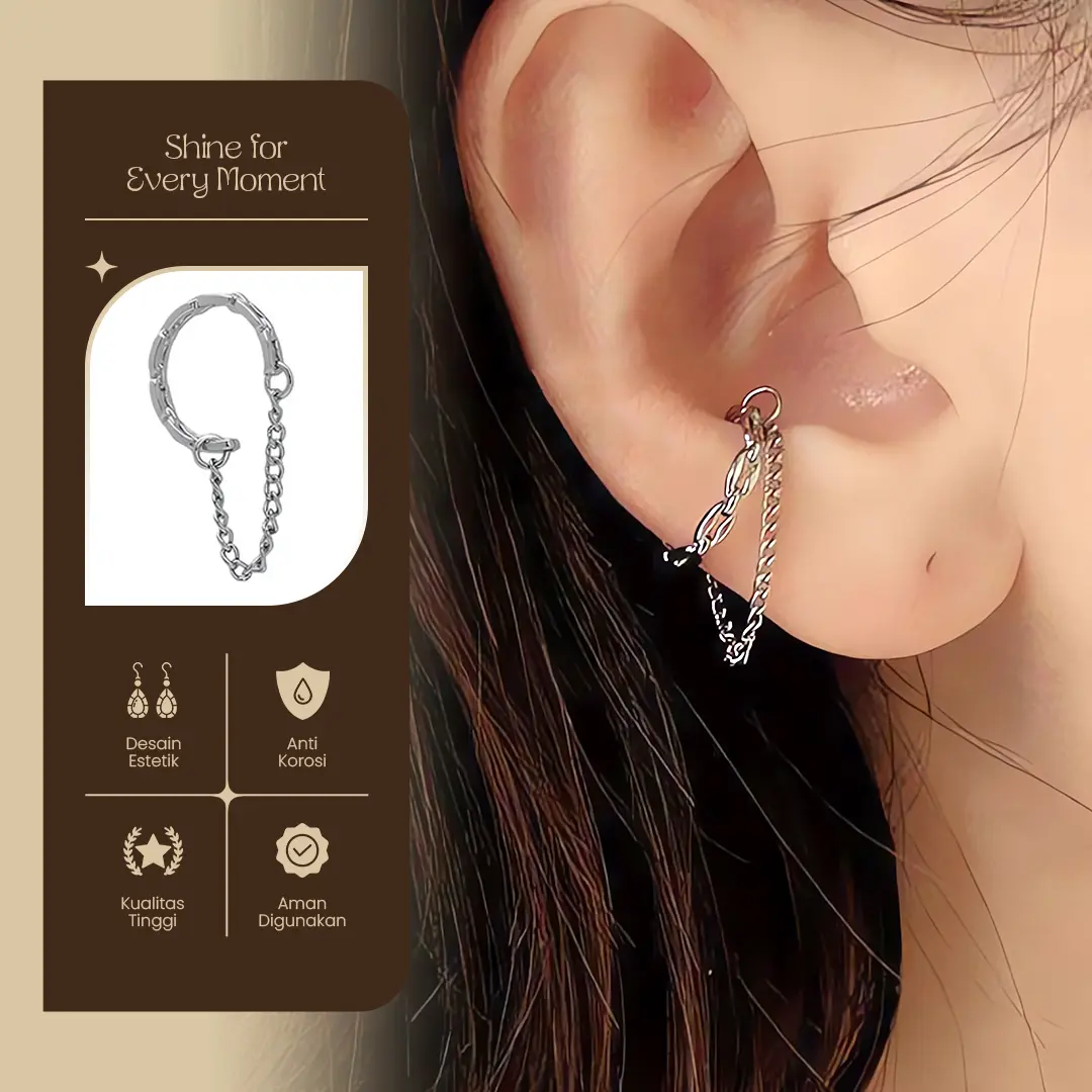 Anting Hoop Silver dengan Double Chain Drape – Minimalist Edgy Statement Earring