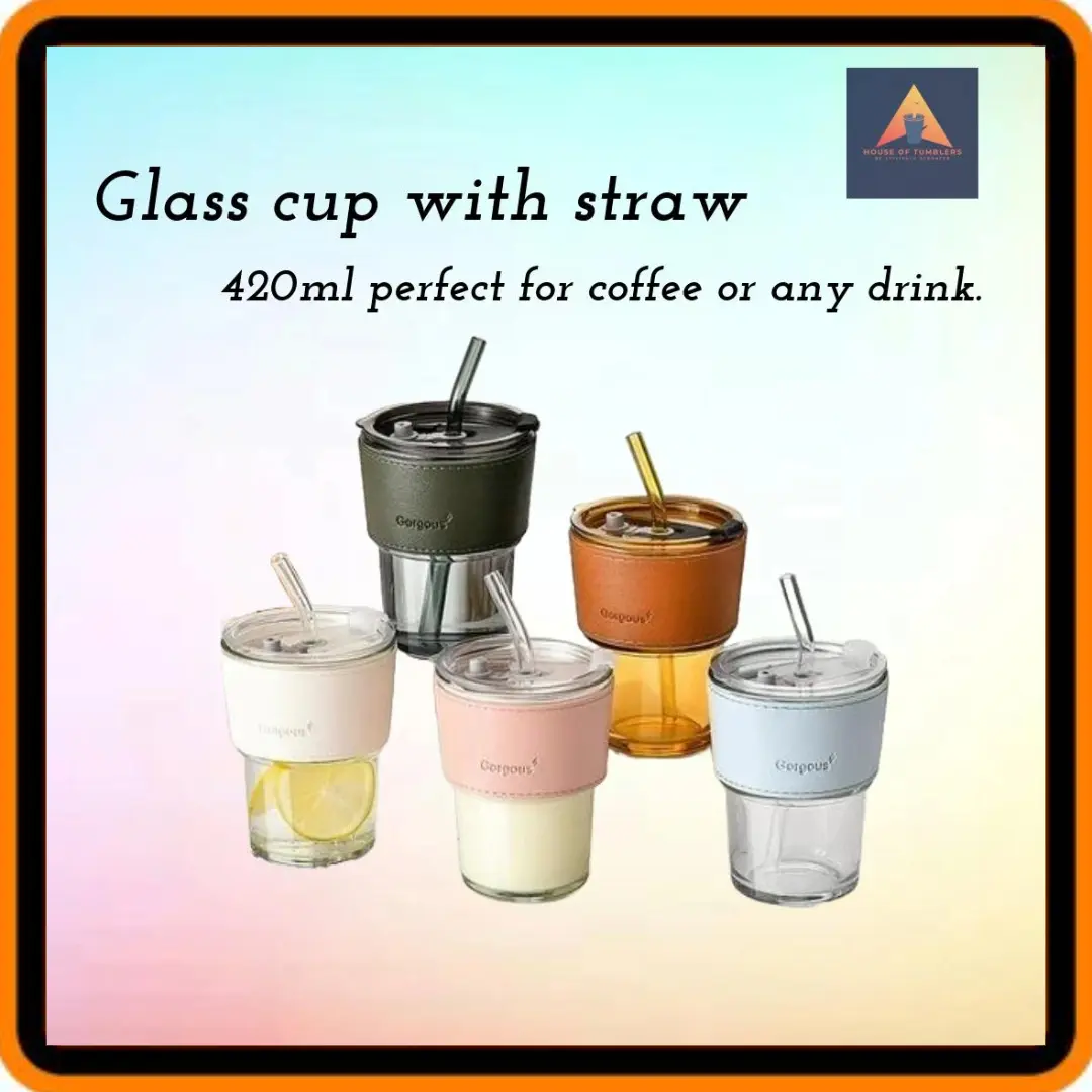 House of tumblers- 420ml Glass Cup Tumbler w/ Straw Coffee Cup Leather Case Stylish Mug Washable Portable Bottled Water Bottles Drinkware Reusable Brown