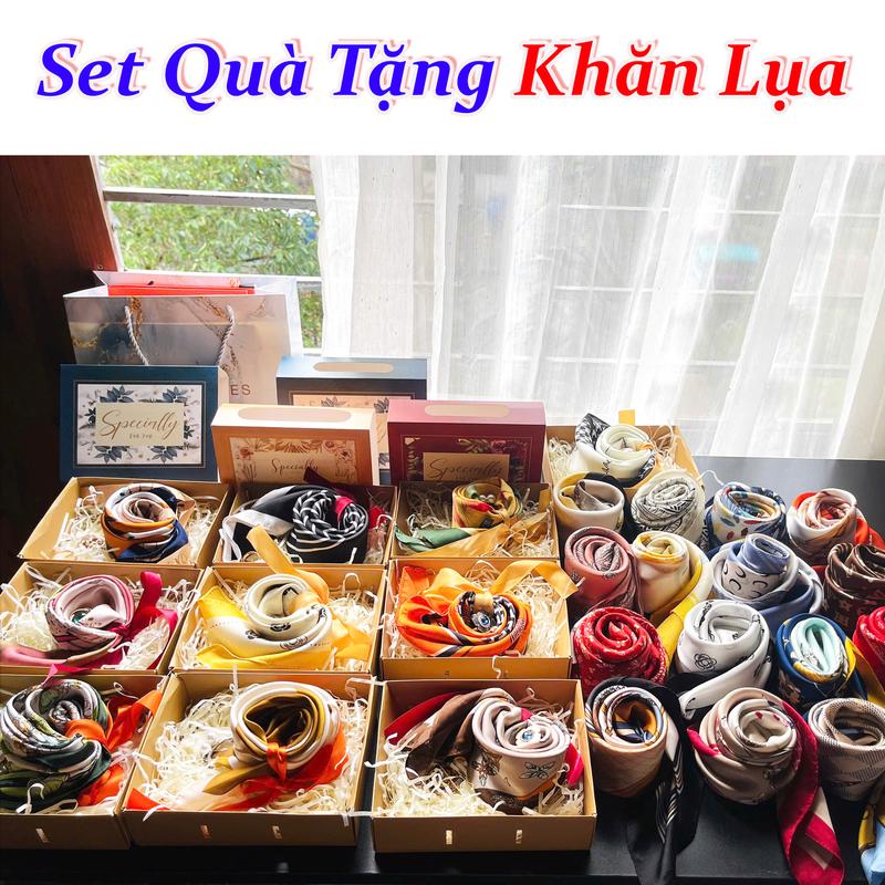  Set Quà Tặng Khăn Lụa 70x70cm kèm hộp túi thiệp mừng ngày phụ nữ việt nam sinh nhật chúc mừng cảm ơn 12x22 KH02 