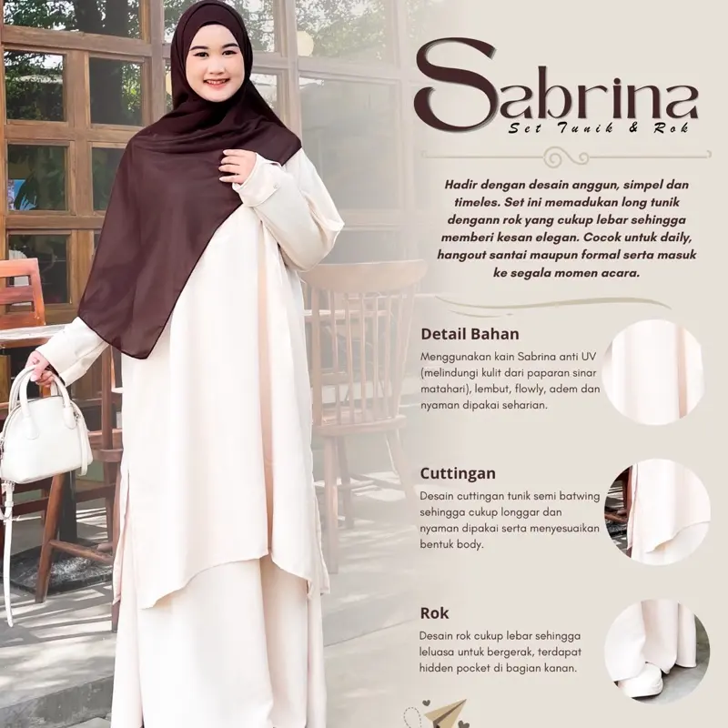 Sabrina One Set Rok Set Bahan Sabrina Anti UV Elegan dan Nyaman Berkualitas Over Size dengan Desain Kerah Bulat dan Zipper Depan Support Busui