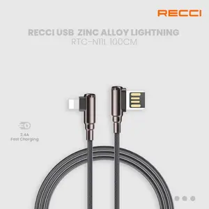 RECCI Kabel USB 100CM 2.4A Zinc Alloy RTC-N11L LIGHTNING Hitam dengan Desain Wine-bottle dan Elbow untuk Pengisian Cepat - Wire