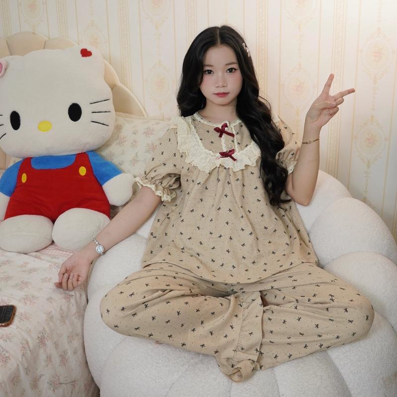 ĐŨI HÀN CỘC DÀI bộ ngủ dài tay nữ tiểu thư cổ tròn nơ đỏ vải đũi mùa hè mặc đi ngủ mát mẻ thoải mái Women Quần Ngủ Áo Ngủ Cotton