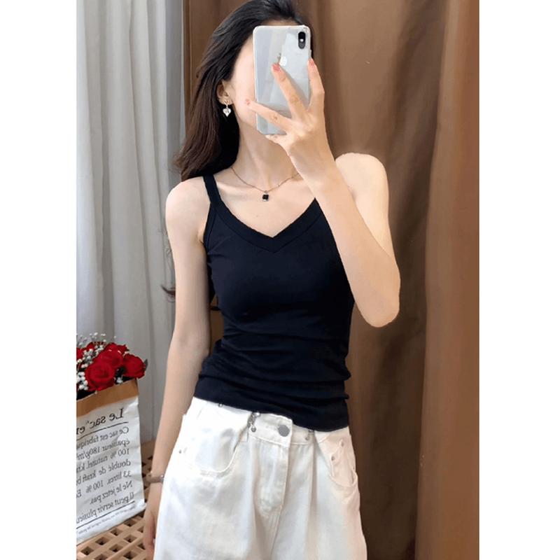 Áo Vest Yếm Cho Nữ, Màu Trơn Dáng Ôm, Lưng Gợi Cảm, Cổ Chữ V, Không Tay, Thích Hợp Cho Mùa Hè, Áo Vest Cơ Sở 4