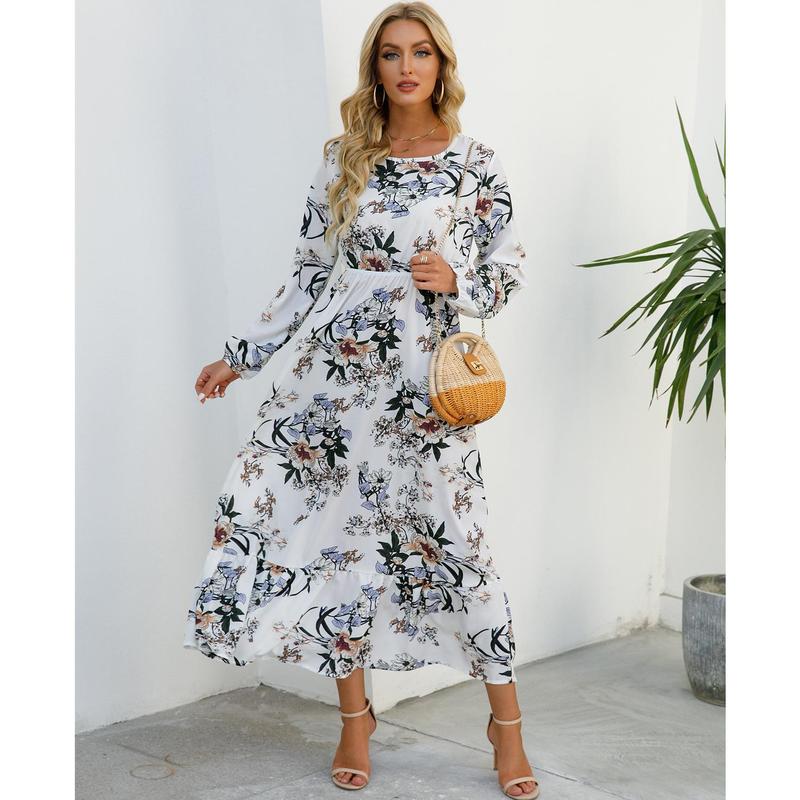 Cross-Border Foreign Trade Spring and Autumn Floral Chiffon Dress Waist-Controlled Slimming Long Sleeve round-Neck Long Printed Dress Women's 2