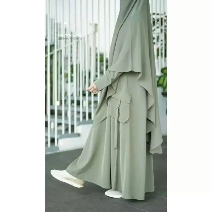 Abaya Cargo Syar'i Set French Khimar HITAM (FREE CADAR) / Gamis Abaya Crinkle Airflow  Size L XL XXL / Abaya Muslimah Terbaru 2025 / Abaya Syari Khimar Wanita 7