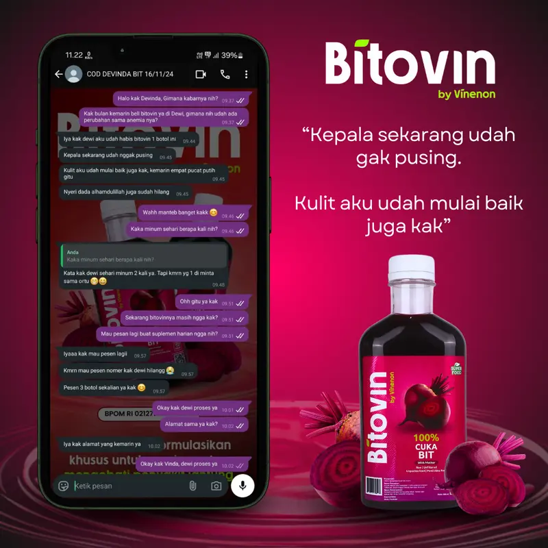 3 Botol BITOVIN Cuka Buah Bit Murni 300ml - Superfood untuk Menjaga Kesehatan Jantung dan Tekanan Darah Normal - Probiotik 4