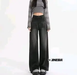 Celana Baggy Jeans Highwaist Panjang Wanita Loose Denim Retro Wisker Hitam Nyaman