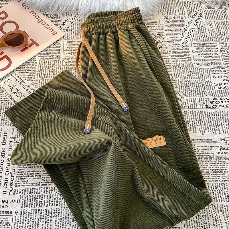 GDTIMA  Loose Celana Corduroy Wanita Casual Elastic Highwaist Wanita Pants