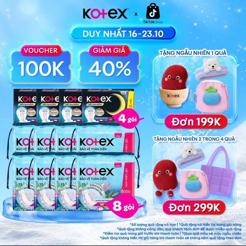 [QUÀ TẶNG HOT] Combo 8 gói băng vệ sinh nữ Kotex Bảo Vệ Toàn Diện 23cm Siêu Mỏng Cánh 20 miếng/gói + combo 4 gói BVS Kotex Siêu Ban Đêm 35cm Đệm bông 8+1 miếng, khô thoáng, thấm hút nhanh, chống tràn​, khử mùi, bvs kinh nguyệt nhiều, chính hãng, tampon​