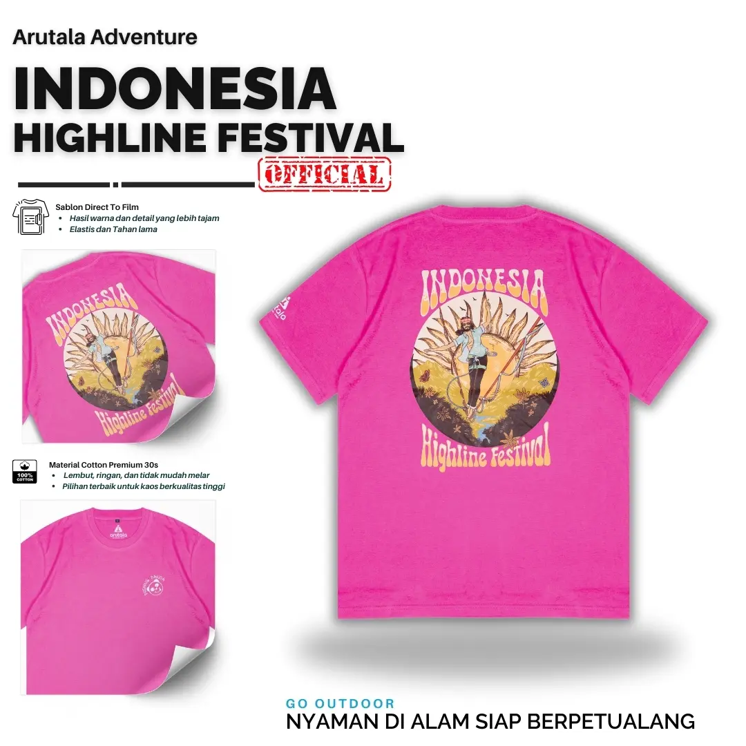 Arutala Adventure x Pushing Panda - Indonesia Highline Festival FUCHSIA Official Merch T-Shirt Outdoor Kaos Lengan Pendek Distro Combed Keren