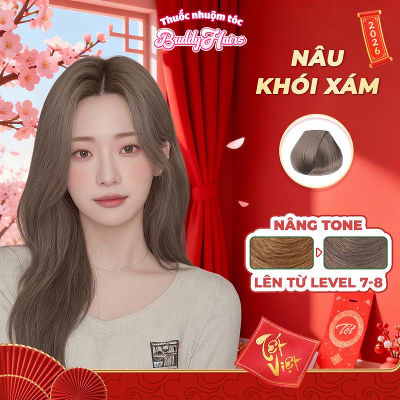  Thuốc nhuộm tóc NÂU KHÓI XÁM không cần dùng Tẩy Tóc Buddyhairs tặng kèm găng tay mũ trùm trợ nhuộm tiện ích 
