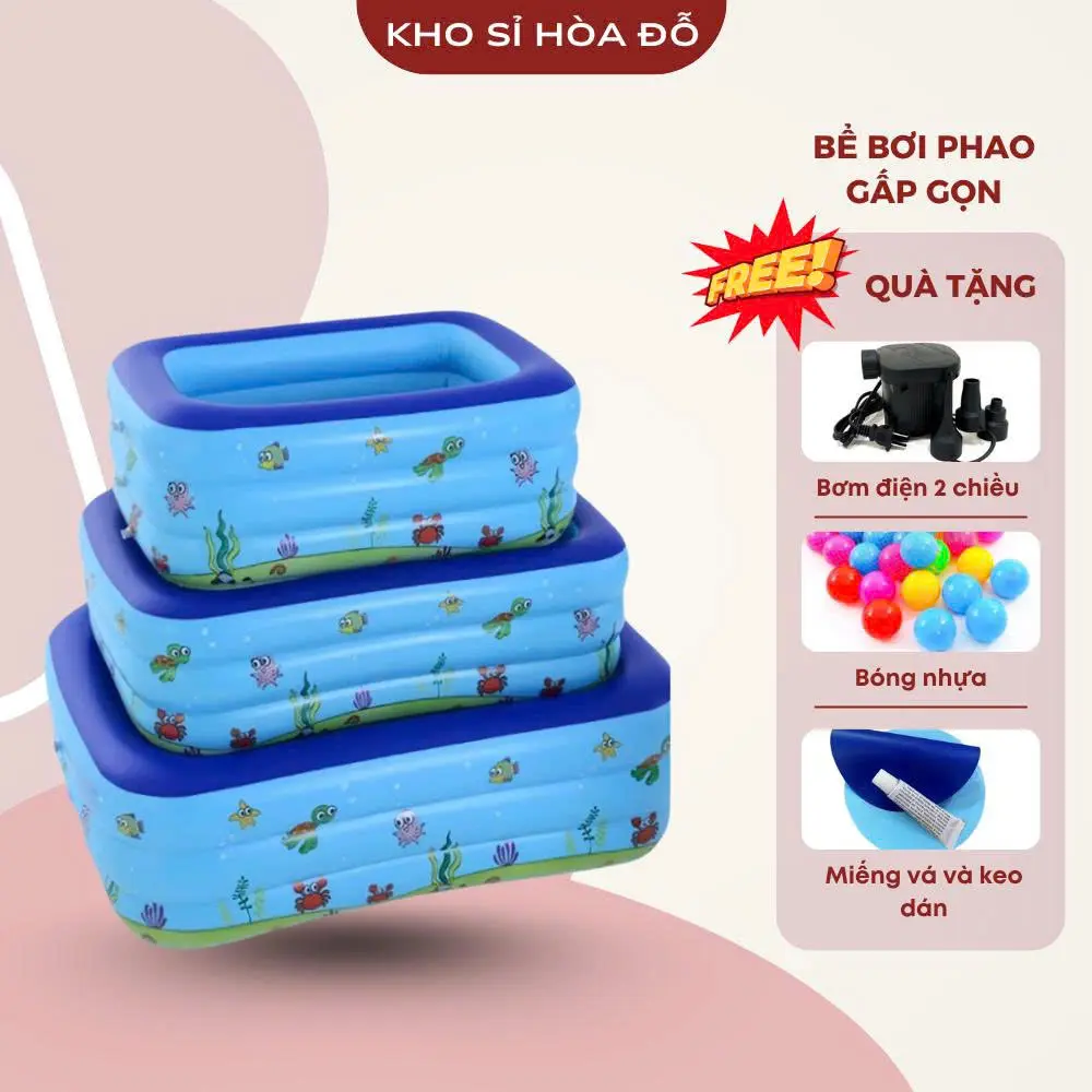 Bể Bơi, Phao Bơi Tại Nhà Gấp Gọn, Bể Cao Su Cho Bé 3 Tầng Đáy 2 Lớp Chống Trượt An Toàn Tặng kèm bơm điện, bóng nhựa