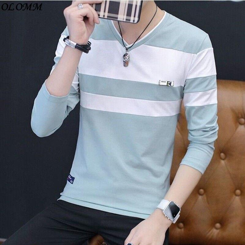áo Thun Nam, Hàng Mới Về Mùa Thu, Chất Liệu Cotton, Dài Tay, Sọc, Cổ Chữ V, Phong Cách Hàn Quốc, Áo Nam Lớn 4
