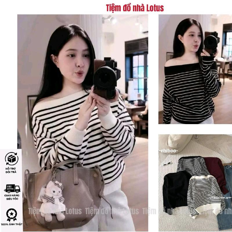 VIDEO LOTUS Áo Len Bẹt Vai A75 - Sọc Ngang Trắng Đen Bo Viền Cực Sang Tiệm đồ nhà Lotus