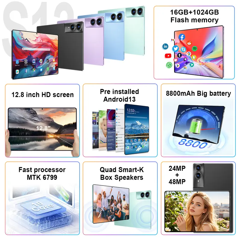 COD 100% Tablet Asli 2025 S13 Tablet 12,8 inci 16GB + 1024GB Fashion Tablet Tablet Murah Dual SIM 5G WiFi HD Layar Film Menonton Game Hiburan Studi Kantor Artefak Penting 2