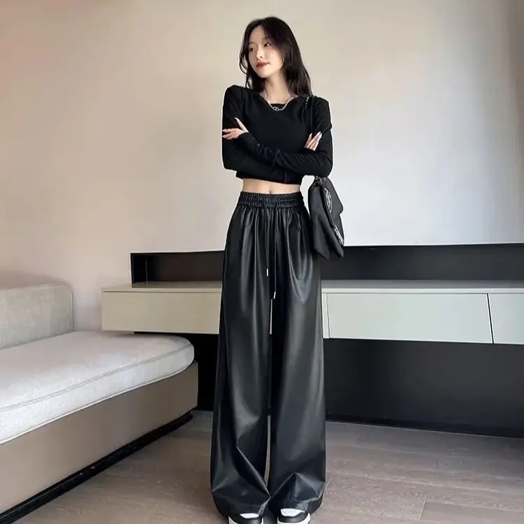 Riseleather.id - Celana Kasual Longgar Korea Celana Panjang Lantai Kaki Lebar Pinggang Tinggi Celana Kulit PU Hitam Wanita 2025 Baru Musim Gugur Musim Dingin
