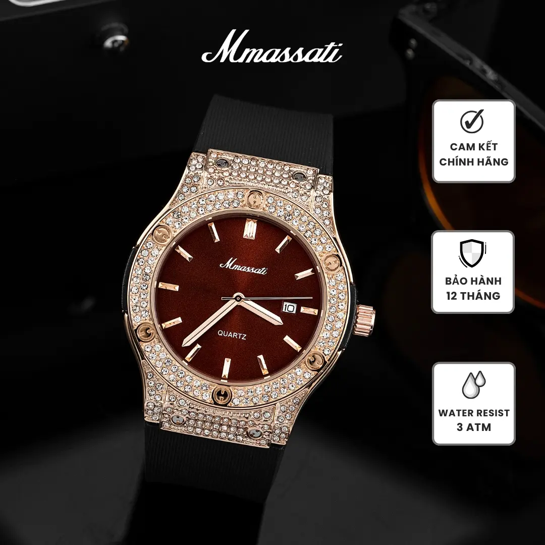 N286 [ AFF ] - Đồng hồ nam Mmassati mặt nâu, xanh, vàng, đen viền đá sang trọng – dây cao su đen thể thao – máy pin Quartz cao cấp