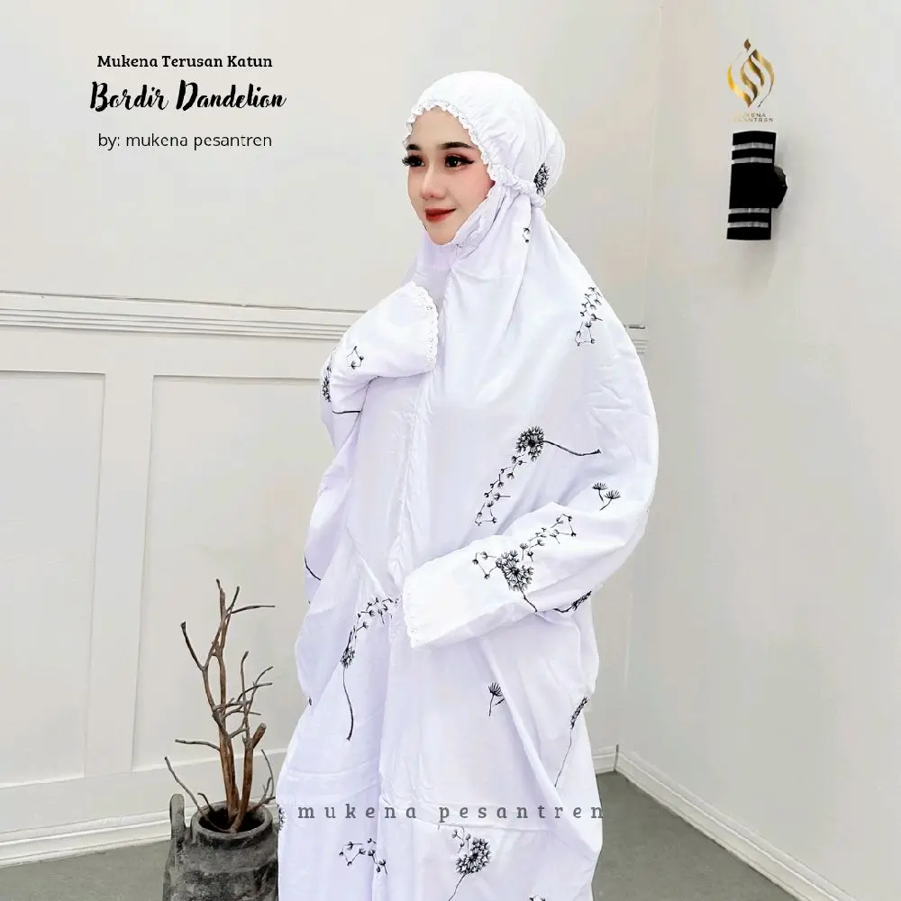 Mukena Pesantren- Mukena Katun Micro Bordir Bunga Dandelion Mukena Santri Lajuran