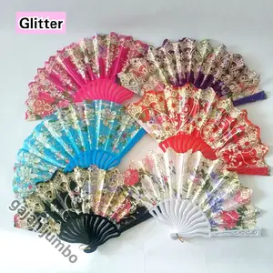 Kipas Lipat Kain Glitter dan Bunga Kipas Tangan Manual Tari portable random psht bridesmaid