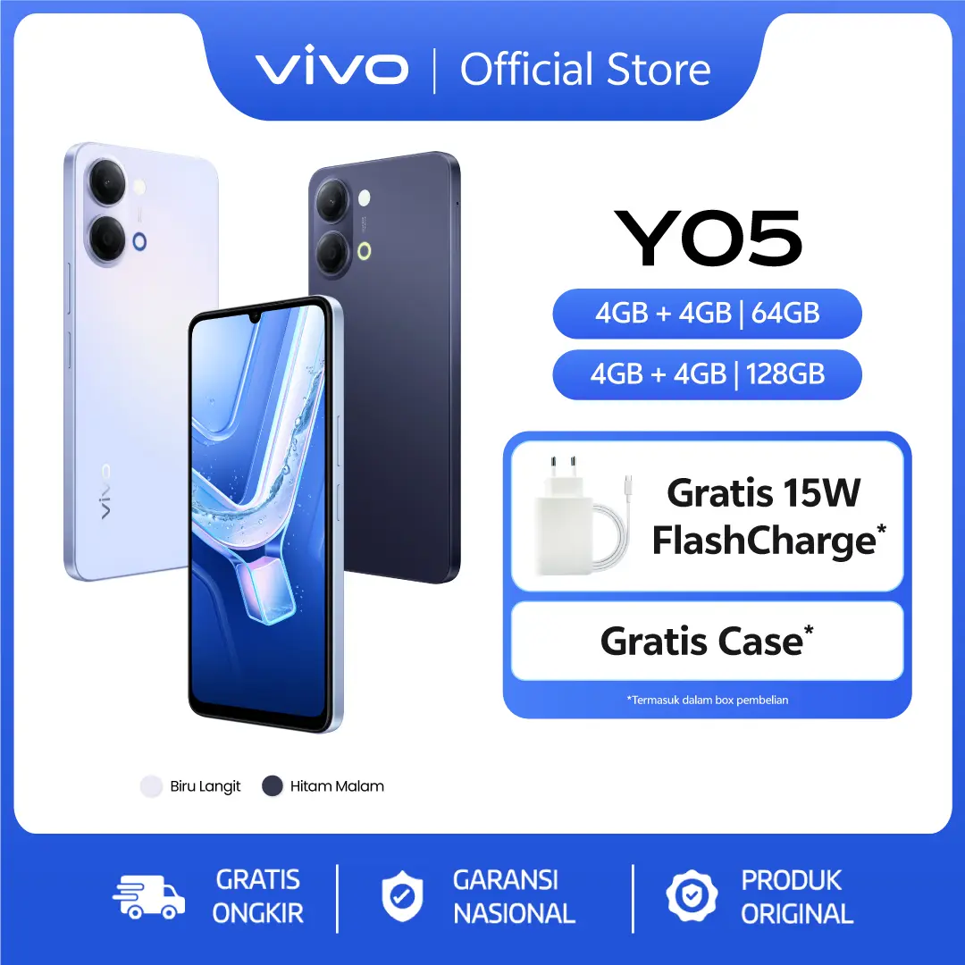 vivo Y05 - Desain Premium, 6500mAh Tahan 3 Hari, IP65 Tahan Hujan, Tahan Banting Ekstrem, Origin OS Performa Lancar, Layar Ultra Tenang 1200nits