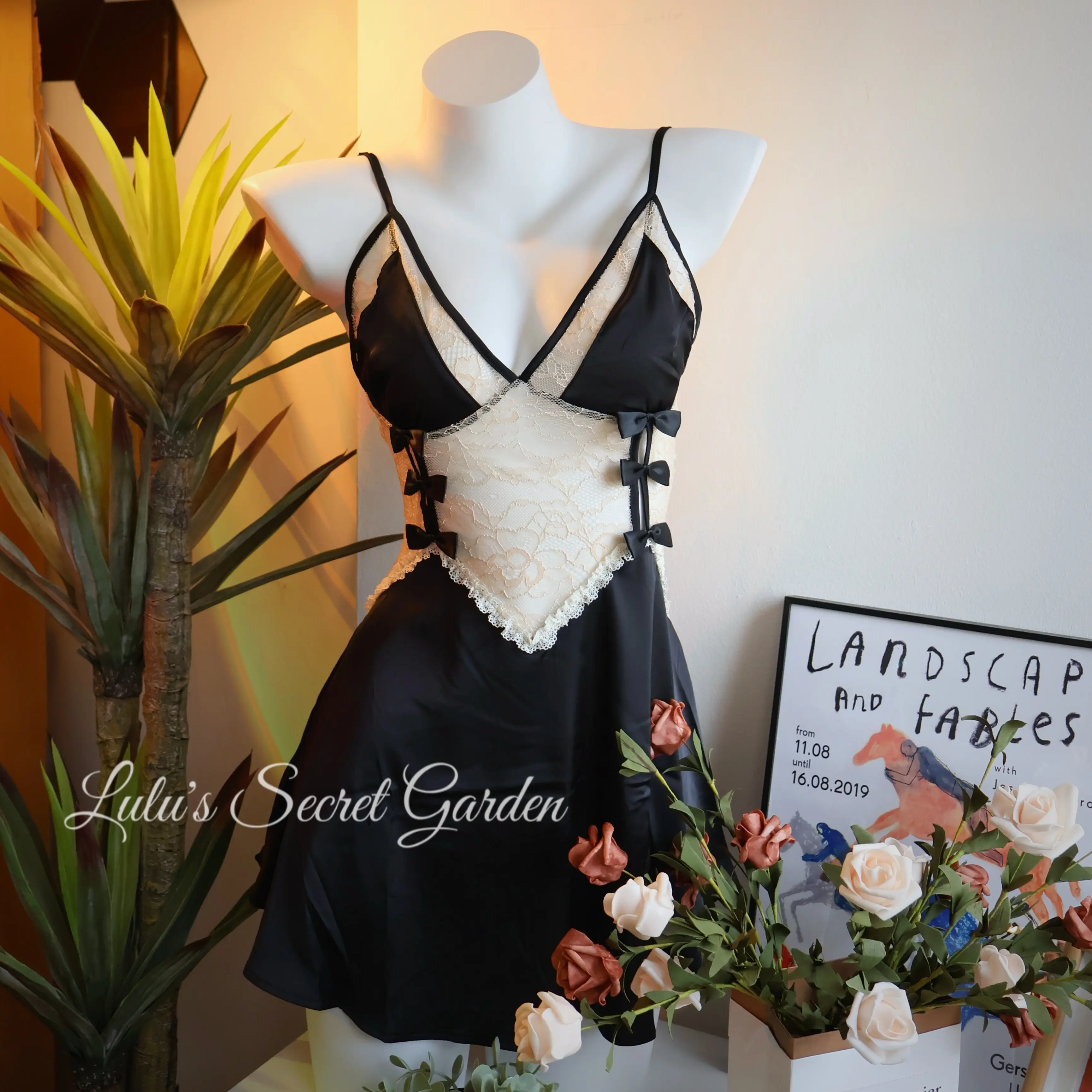 LULU 1013-Sexy Open-Back Sweet Lace Bowknot Cami Nightdress for Women Comfort Sleeveless