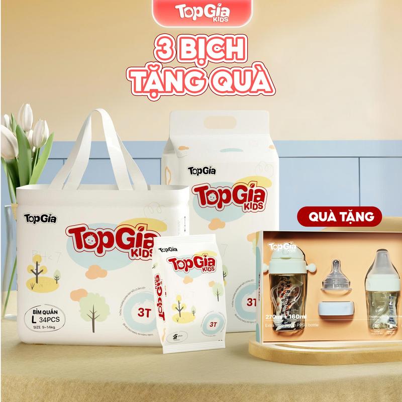 3 BỊCH TẶNG QUÀ Tã Bỉm TopGiaKids pH < 7 ngừa hăm đai chun đệm mây mềm mại co dãn 4 chiều thấm hút bề mặt khô thoáng size S đến XXXL cho bé từ 4-20kg bỉm BO HN