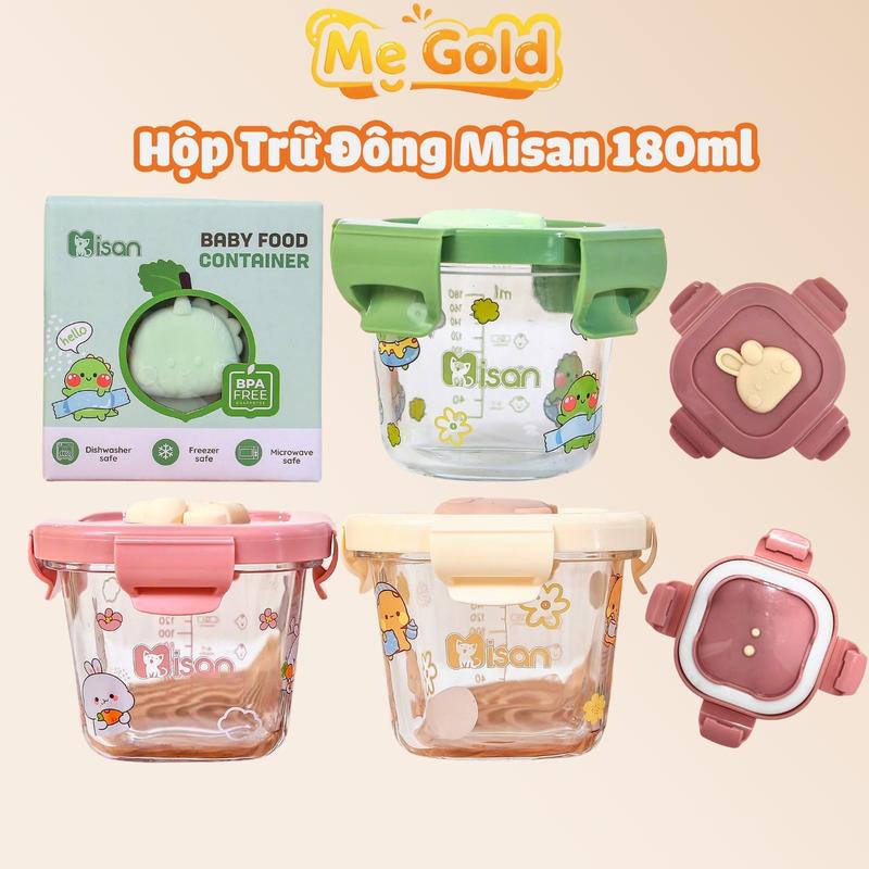 Hộp trữ đông thủy tinh Misan nắp đậy nhựa chống rò rỉ thức ăn cho bé Hộp trữ đông đồ ăn dặm cho bé có vạch chia ml