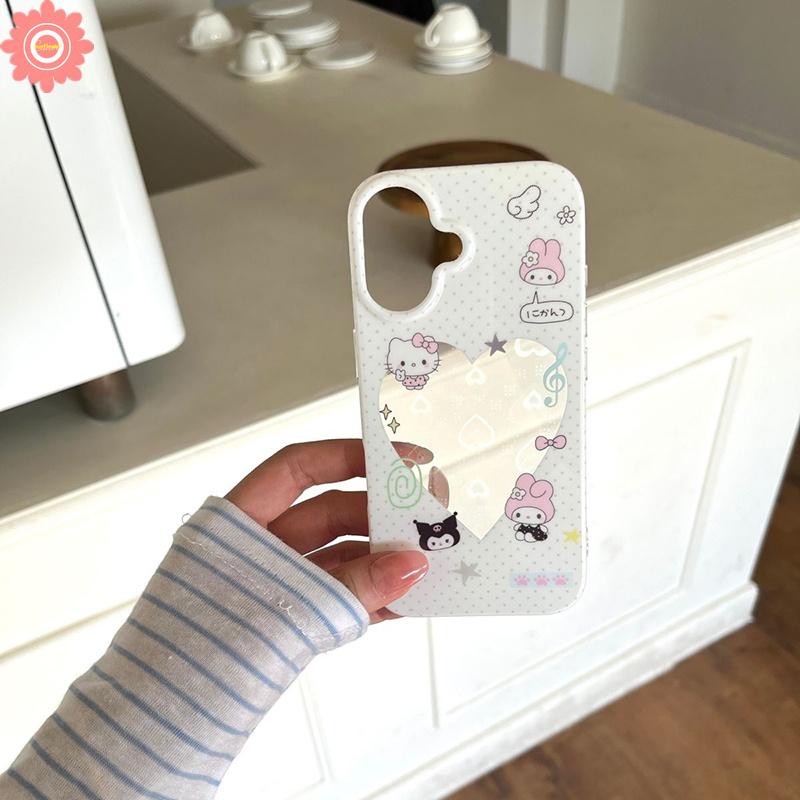 Vỏ điện thoại gương hình trái tim chấm bi nhỏ kiểu Hàn Quốc, nhóm nhân vật Sanrio, cô gái hoạt hình, bề mặt gương trang điểm, vỏ mềm Tương thích cho iPhone 18 16 17 13 11 12 14 15 Pro Ốp Lưng In Họa Tiết Dành Cho Điện Thoại Max 7 8 6 6s Plus XR X XS Max