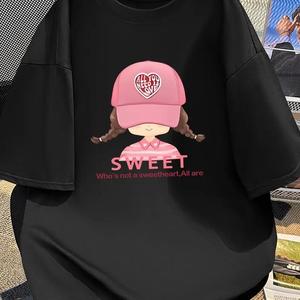 ハートレジガール柄プリント婦人用半袖Tシャツ、丸首、ゆったり、純綿カジュアルトップス、丸首、ショルダーベルト、ゆったりシルエット、通気性、肩落ちデザインプリントTシャツ夏のゆったりタイプ