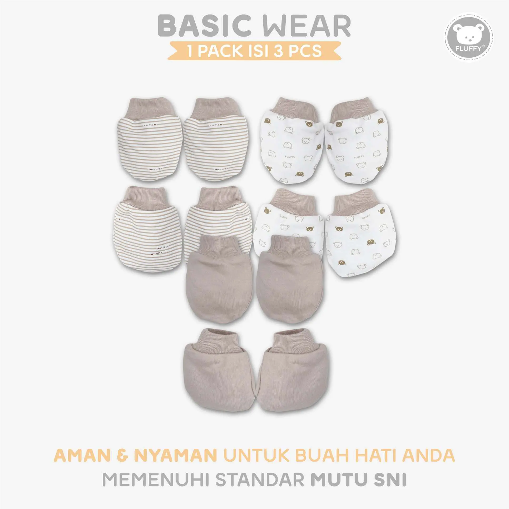 FLUFFY Sarung Tangan dan Kaos Kaki Bayi Rib Khaki (Isi 3 Pasang) STKR KKI NB