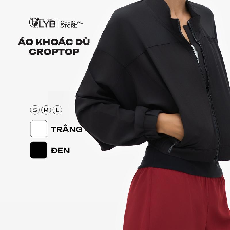 LYB - Áo khoác dù nữ croptop thể thao cổ cao, áo khóa kéo, áo khoác nữ chống nước , bo eo, tay phồng