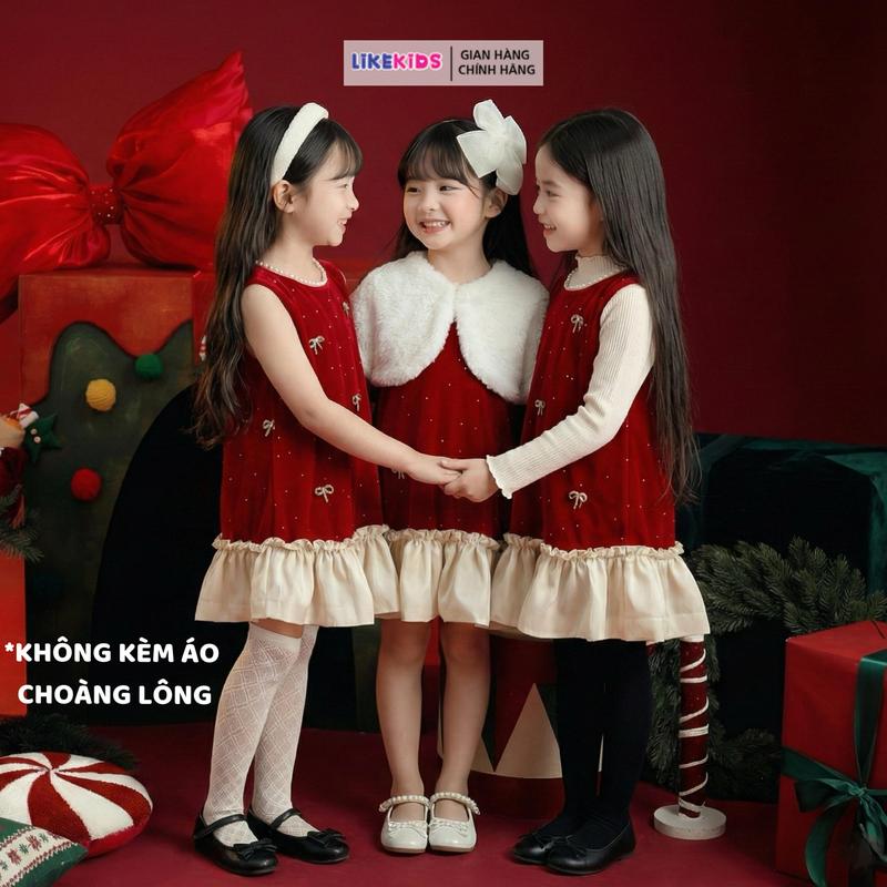 Đầm váy NHUNG LikeKids cho bé gái hoạ tiết NƠ MH16 T13 KHÔNG KÈM ÁO CHOÀNG LÔNG