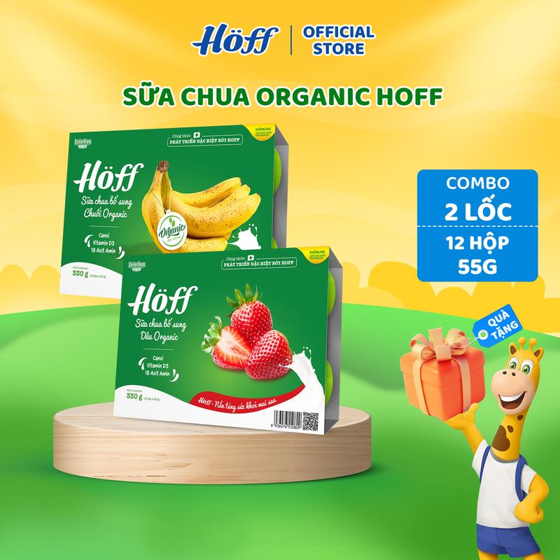 Combo sữa chua organic vị dâu - chuối Hoff 2 lốc (12 hộp x 55g)