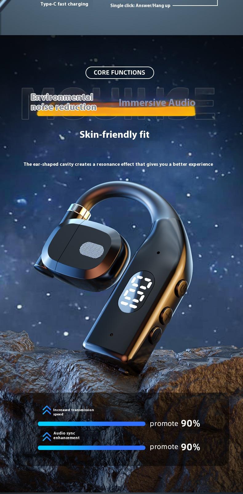 P7 wireless Earbuds terbuka olahraga headphone tidak masuk telingaNyaman memakai earphone Bluetooth nirkabel OWS headset dengan LED digital headphone satu telinga