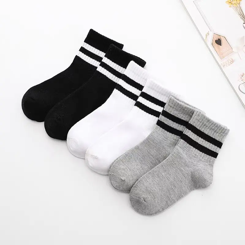 Paket 12 Pasang Dan 6 Pasang Kaos Kaki Anak Sekolah Oldskul Anak Mode Garis Abu-Hitam-Putih