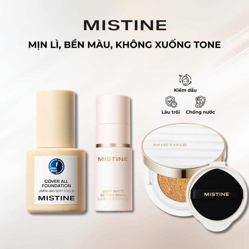  MISTINE COMBO KEM NỀN 30G + CUSHION NIGHT GLOW 12G  KÈM 1 LÕI REFILL  + XỊT KHÓA NỀN 30ML 