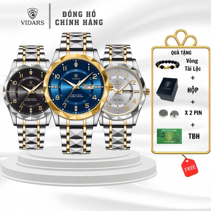 [GIÁ GỐC 1000C ĐẦU TIÊN] Đồng Hồ Nam VIDARS Dây Thép Mặt Tròn Số Cách Điệu Vòng Xoay Thời Gian Có Bộ Lich Thứ Ngày Chống Nước 3ATM Chính Hãng Cao Cấp Hàng Hiệu Xịn Thời Trang Nam Đẹp Nam Xịn 2025 Đồng Nam Hồ Đẹp Chụp Kỷ Yếu Nam Thể Thao Sport Size 41mm