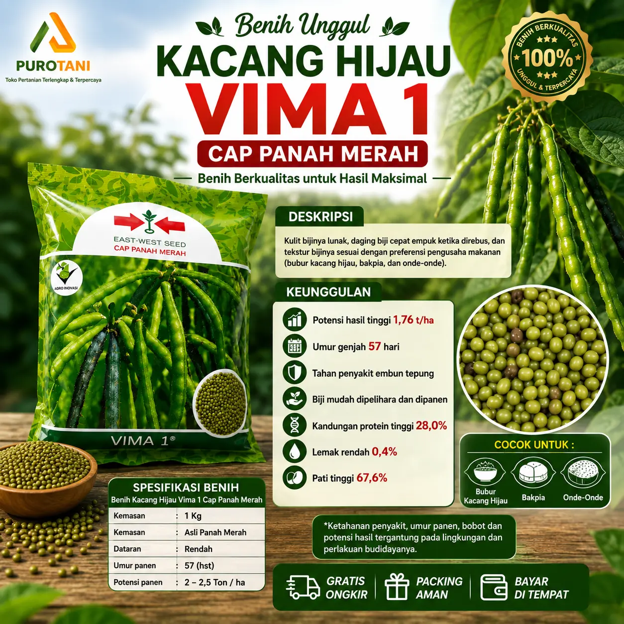 Benih Kacang Hijau VIMA-1 VIMA 1 Cap PANAH MERAH Kemasan 1 Kg