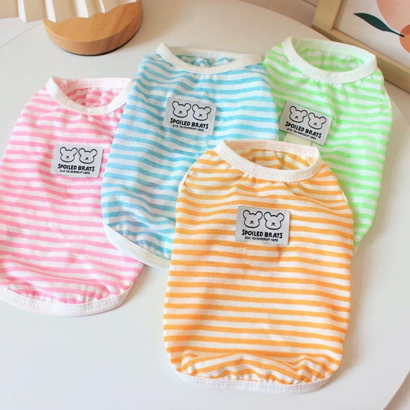 Áo Thun Sọc Thêu Hình Gấu Chó Mèo Thời Trang Quần Áo Thú Cưng Thiết Kế Cao Cấp Mùa Hè Hiha Pets