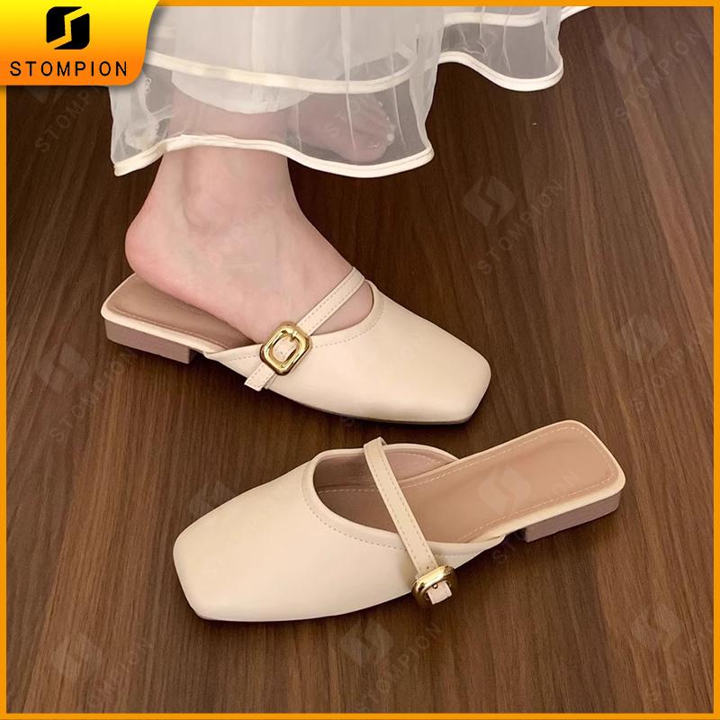 STOMPION Dép quai kim loại mũi vuông cho nữ, giày mules thường ngày phong cách Hàn Quốc, dép bệt.