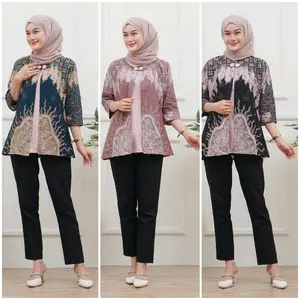 Blouse Ghania - Atasan Batik Couple Pasangan Model Bolero Blouse Batik Kerja Pria Wanita Baju Batik Seragam Katun lengan 7/8 Muat BB 100kg Motif Mega mendung