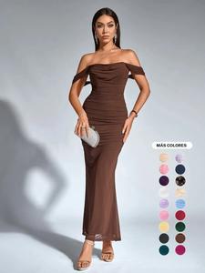 Vestido ajustado de mujer fuera del hombro con drapeado fruncido y espalda descubierta, elegante vestido largo con cierre trasero para fiestas, clubes y citas, ropa de verano para damas