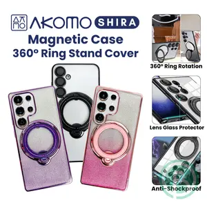 AKOMO SHIRA Case untuk SAM S25 Ultra Plus FE S24 S23 S22 5G Magnetic Softcase Kick Stand 360 Ring Silicone CLEAR & GLITTER Soft Case With Camera Lens Glass Protector Cover Casing
