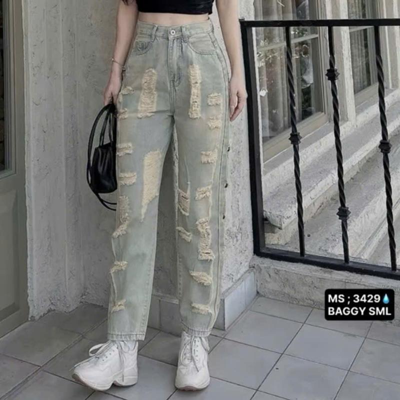 Quần Bagy Jean Nữ Ống Đứng Rách Nhiều Trước Sau Quần Jean Nữ Dài 95cm Màu Nhạt Bụi K Co Dãn Hottren TH1070