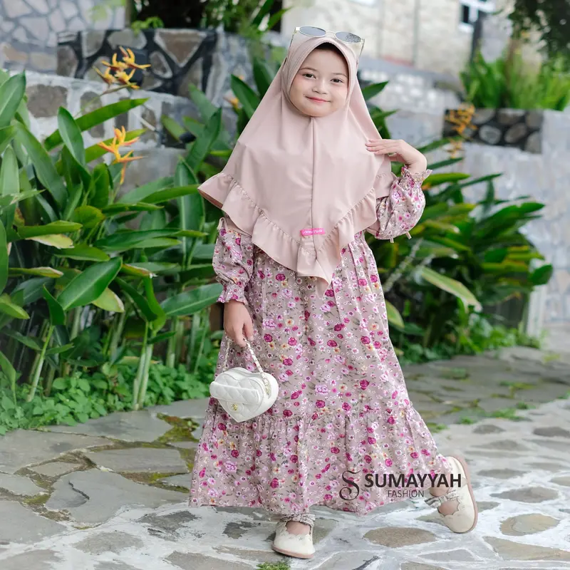 Gamis Rayon Anak Motif Bunga Set Jilbab Jersey Baju Muslim Perempuan Usia 3-10 Tahun 8